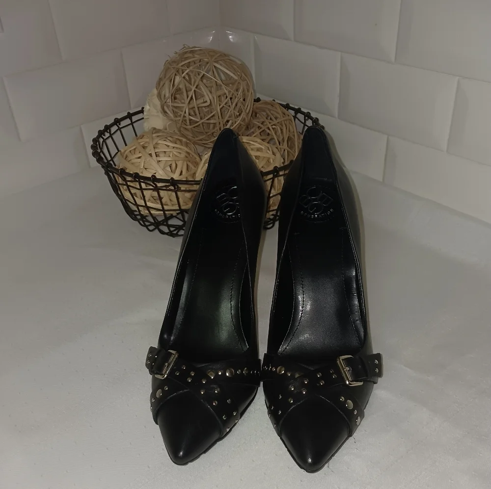 BCBG Black Pointed Toe Heels with Silver buckle and embellishments. Size 8B - Picture 2 of 8